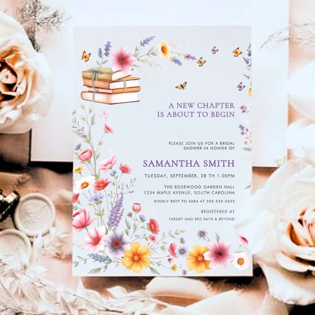 Lila Blommig Saga Bröllopsdusch Kapitel Inbjudningar (A romantic purple floral bridal shower invitation with books, butterflies, and elegant garden charm!)
