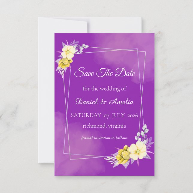 Lila Blommig Save The Date-kort Spara Datumet (Framsida)