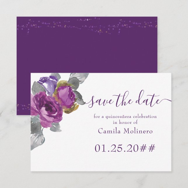 Lila Blommig Script Quinceanera Spara Datumet (Fram/baksida)