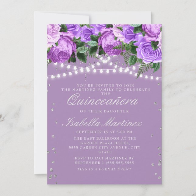 Lila Blommig Silver Glitter Quinceañera Inbjudningar (Framsida)