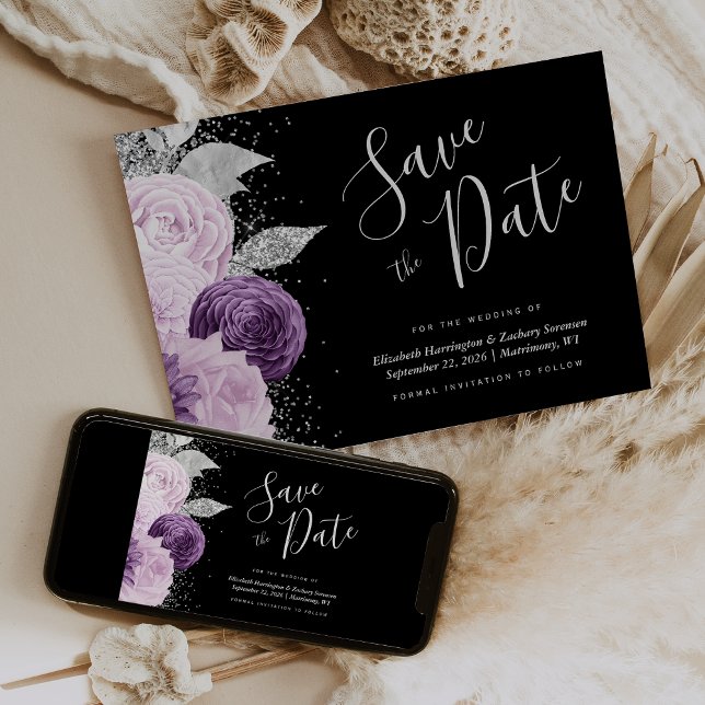 Lila Blommig Silverglitter Svart Spara Datum Inbjudningar (Skapare uppladdad)
