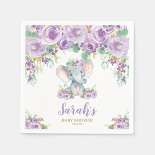 Lila Blommig Söt Elefant Baby Shower Baby Flicka Pappersservett