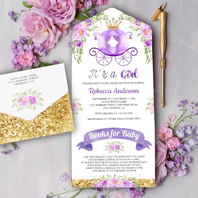 Lila Blommig Söt Prinsessa Vagn Baby Shower (Skapare uppladdad)