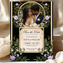 Lila Blommig Spara Datum med Foto Inbjudan