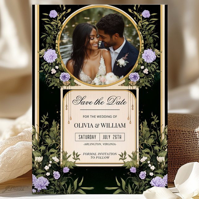 Lila Blommig Spara Datum med Foto Inbjudan (Skapare uppladdad)