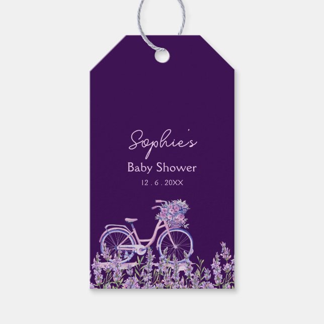 Lila Blommig Syren Cykel Bebis Bjudning Tallrik Presentetikett (Framsidan)