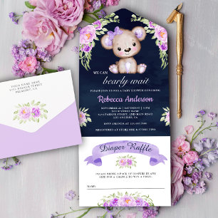 Lila blommig teddybjörn marinblå baby shower