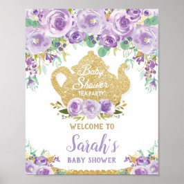 Lila Blommig Tekväll Baby Shower Välkomstskylt Poster