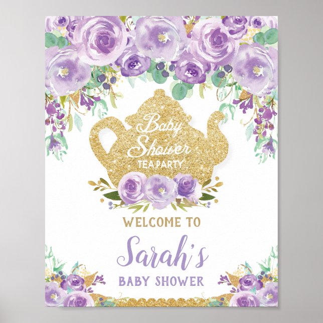Lila Blommig Tekväll Baby Shower Välkomstskylt Poster (Framsidan)