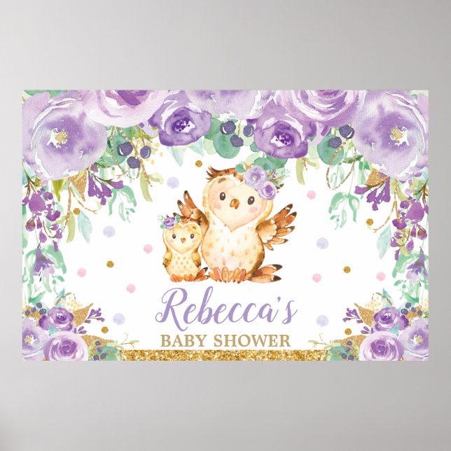 Lila Blommig Uggle Baby Shower Bakgrund Poster (Framsidan)