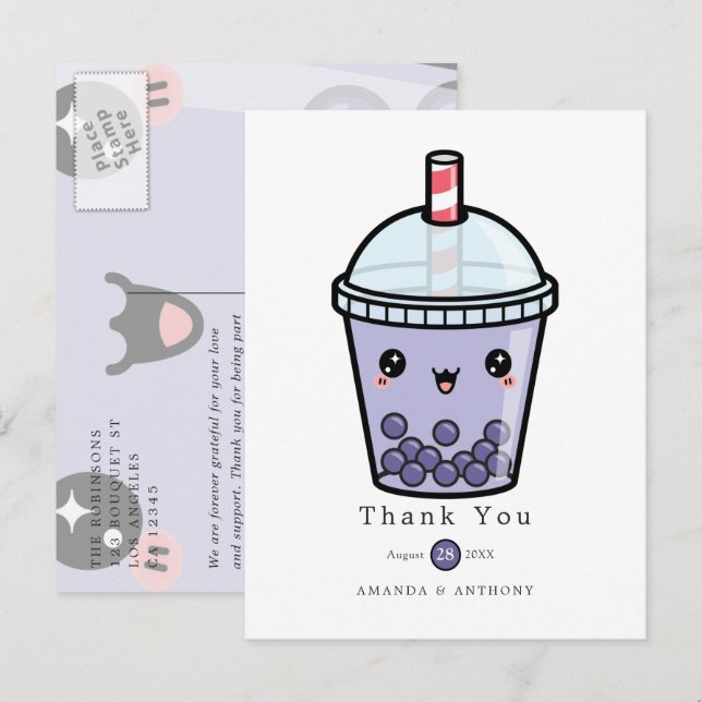 Lila Blommig Vattenfärg Bröllop Tacksamt Brevkort Vykort (Fram/baksida)