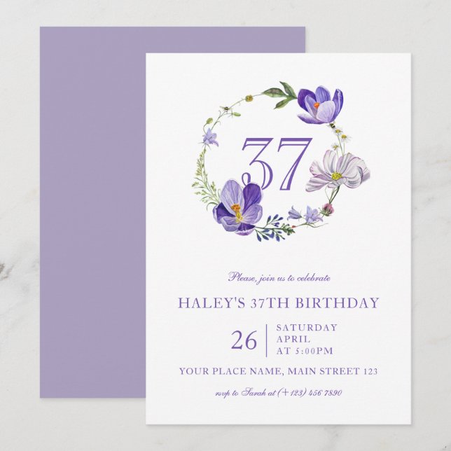 Lila Blommig Vildblomma Vintage 37-årsdag Inbjudningar (Fram/baksida)