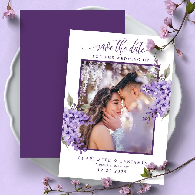 Lila Blommig Wisteria Foto Spara Datum Kort (Skapare uppladdad)