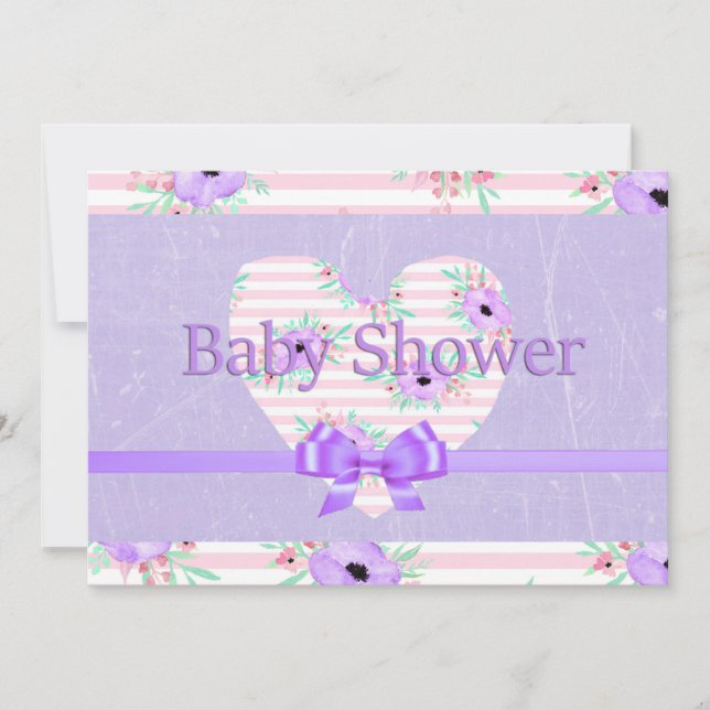 Lila Blommiga Baby Shower Inbjudningar för Flickor (Framsida)