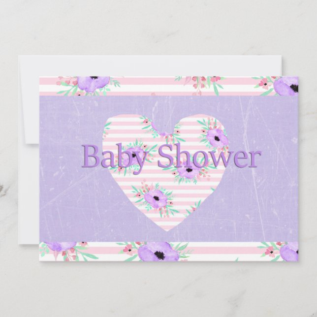 Lila Blommiga Baby Shower Inbjudningar för Flickor (Framsida)