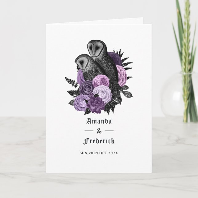 Lila Blommiga Ugglor Gotiskt Bröllop Program (Framsida)