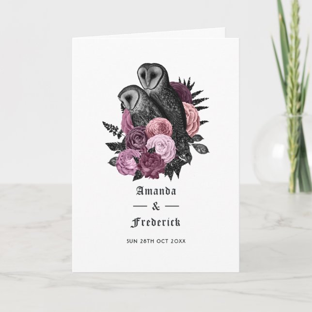 Lila Blommiga Ugglor Gotiskt Bröllop Program (Framsida)