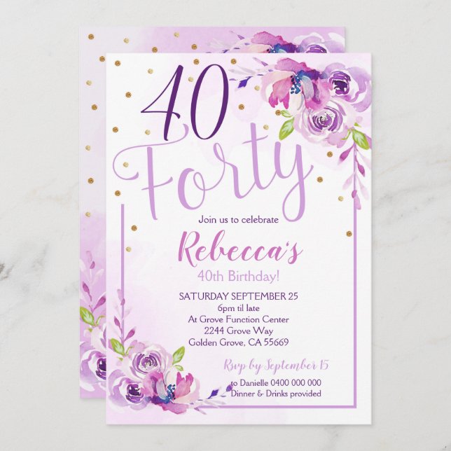 Lila Blommigt 40:e födelsedagsinbjudan 40:e födels Inbjudningar (Fram/baksida)
