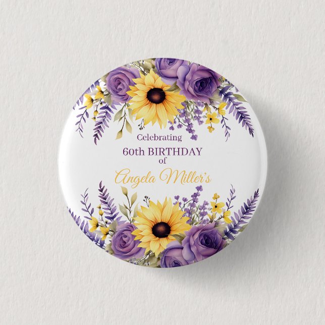 Lila blommigt 60:e födelsedagsfesten knapp (Framsida)