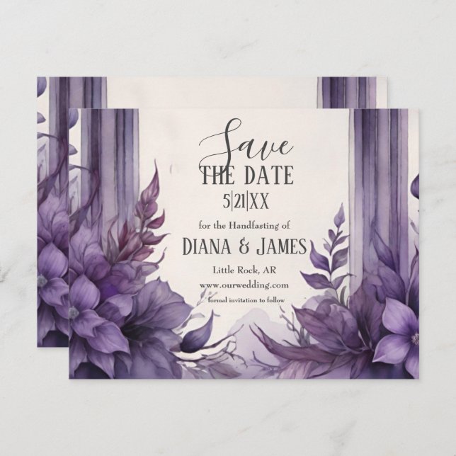 Lila Blommigt Arch Pagan Handfixing Spara Datumet (Fram/baksida)