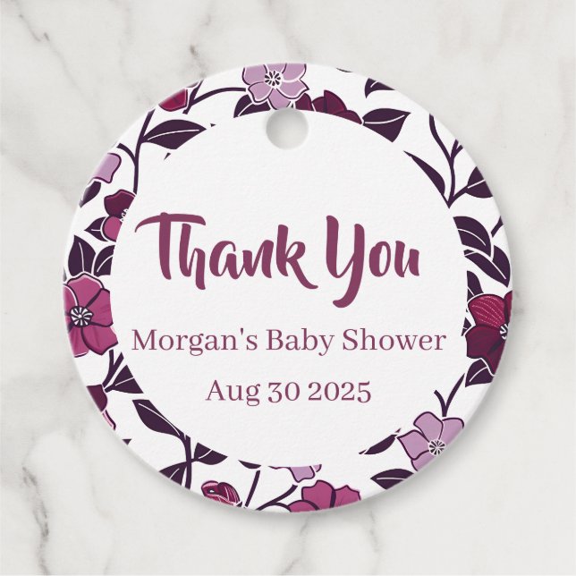Lila Blommigt Baby Shower Gåvor Etiketter (Framsida)