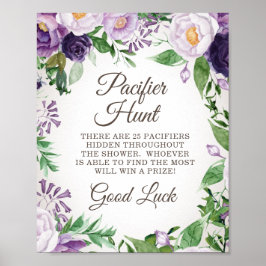 Lila Blommigt Baby Shower Nappar Hunt Game Poster