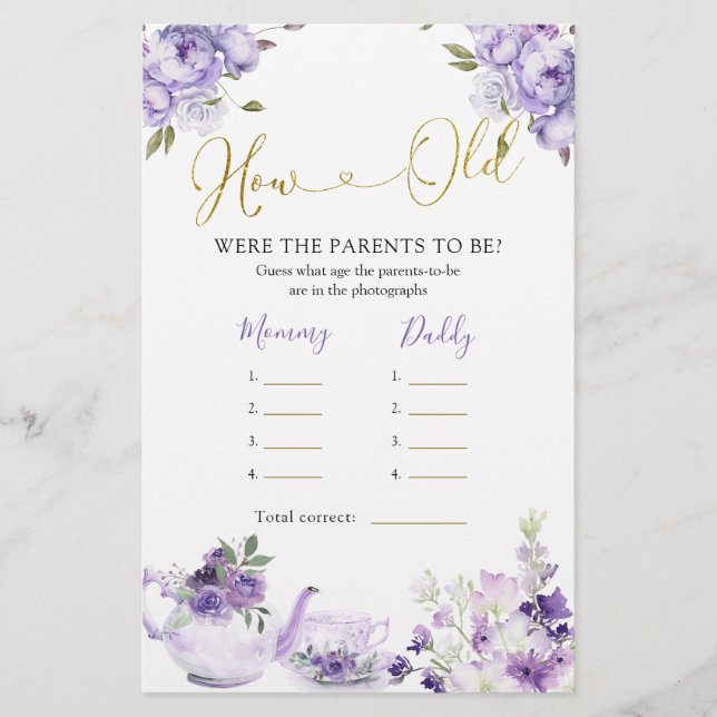 Lila Blommigt Baby Shower Tea Hur gamla föräldrar  (Framsida)