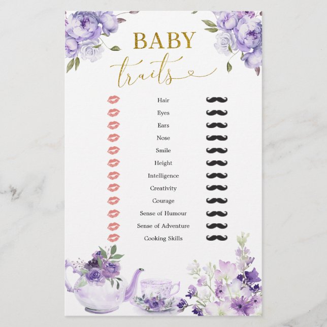 Lila Blommigt Baby Shower Tea Party Baby Traits (Framsida)