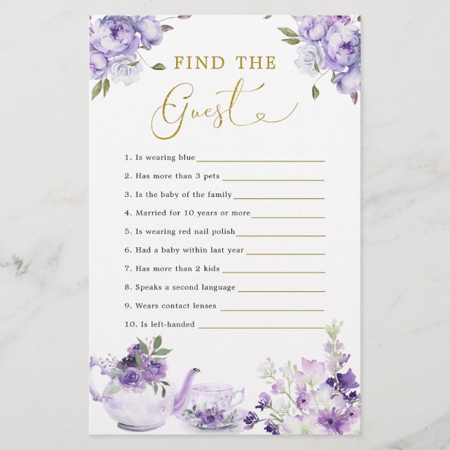 Lila Blommigt Baby Shower Tea Party Hitta gästen (Framsida)