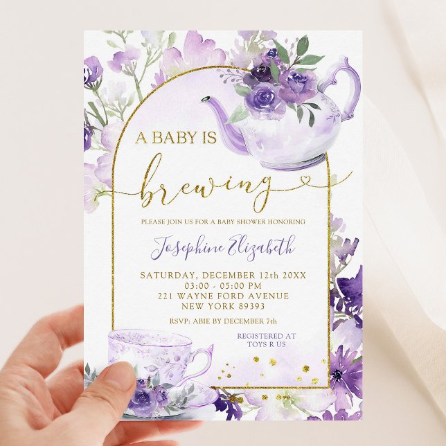 Lila Blommigt Baby Shower Tea Party-inbjudan Inbjudningar (Skapare uppladdad)