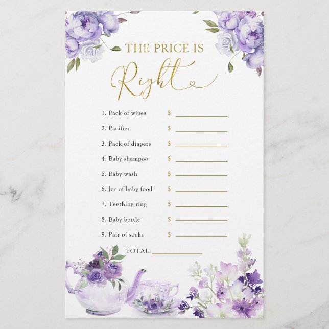 Lila Blommigt Baby Shower Tea Pris är Höger (Framsida)