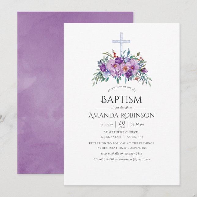 Lila Blommigt Baptism eller Christening Inbjudningar (Fram/baksida)