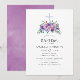 Lila Blommigt Baptism eller Christening Inbjudningar