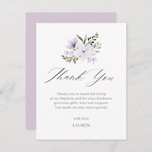 Lila Blommigt Baptism Kor Christening Tack Kort (Fram/baksida)