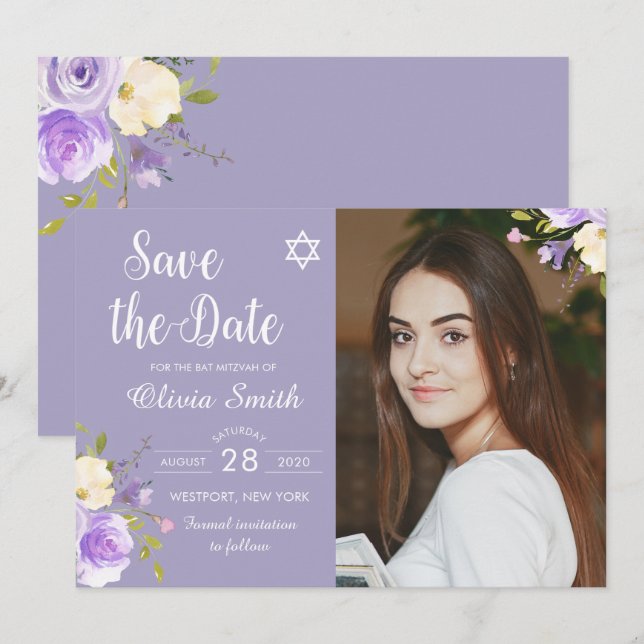 Lila Blommigt Bat mitzvah Foto Spara datum Datumet (Fram/baksida)