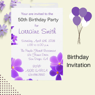 Lila Blommigt Birthday Inbjudningar