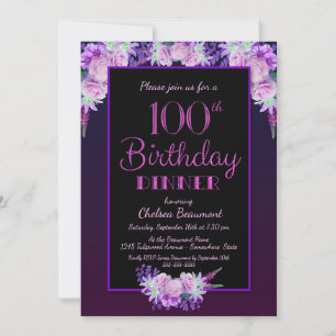 Lila Blommigt Black, 100:e födelsedag Party Inbjudningar