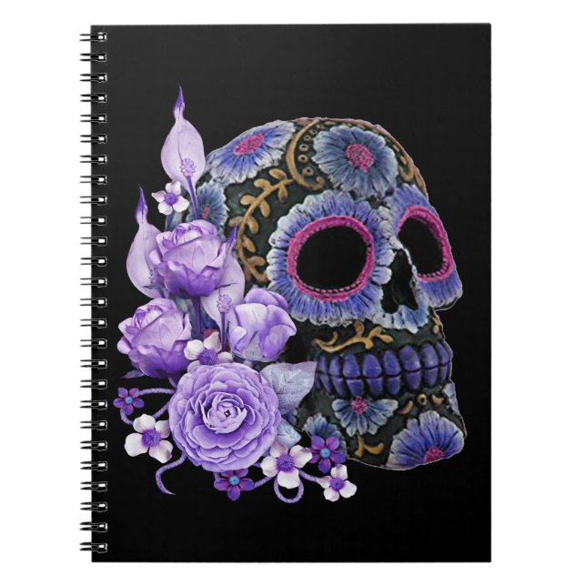 Lila Blommigt Black Sugar Skull Day of the dead Anteckningsbok (Framsidan)