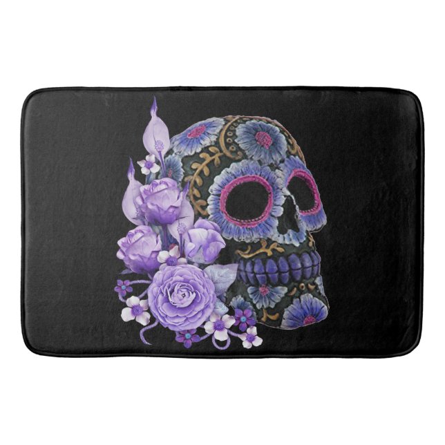 Lila Blommigt Black Sugar Skull Day of the dead Badrumsmatta (Framsidan)