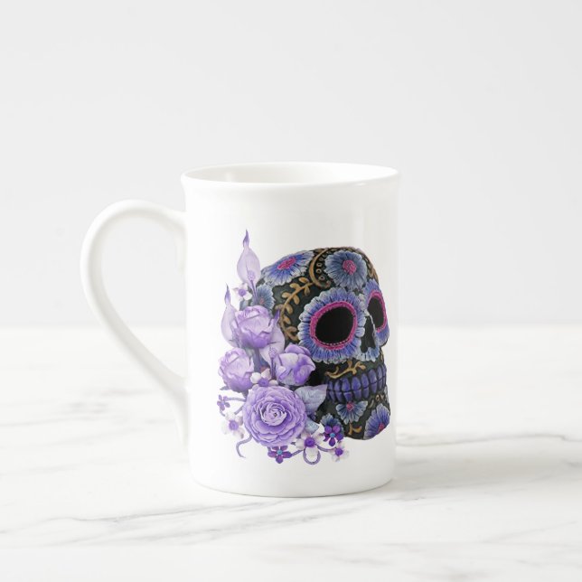 Lila Blommigt Black Sugar Skull Day of the dead Benporslin Mugg (Vänster)