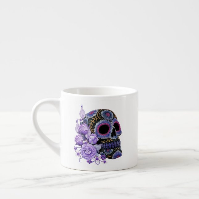 Lila Blommigt Black Sugar Skull Day of the dead Espressomugg (Vänster)