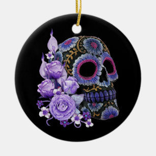 Lila Blommigt Black Sugar Skull Day of the dead Julgransprydnad Keramik