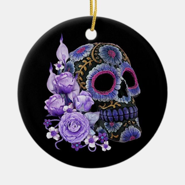 Lila Blommigt Black Sugar Skull Day of the dead Julgransprydnad Keramik (Framsidan)