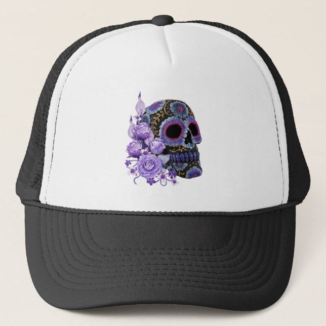 Lila Blommigt Black Sugar Skull Day of the dead Keps (Framsida)