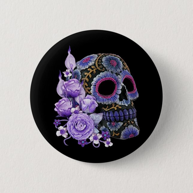 Lila Blommigt Black Sugar Skull Day of the dead Knapp (Framsida)