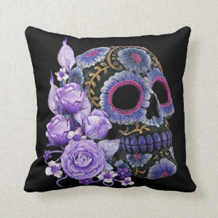 Lila Blommigt Black Sugar Skull Day of the dead Kudde