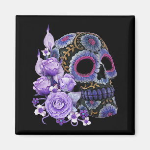 Lila Blommigt Black Sugar Skull Day of the dead Magnet