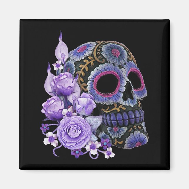 Lila Blommigt Black Sugar Skull Day of the dead Magnet (Framsidan)