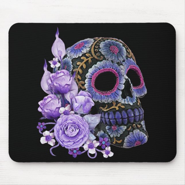 Lila Blommigt Black Sugar Skull Day of the dead Musmatta (Framsidan)