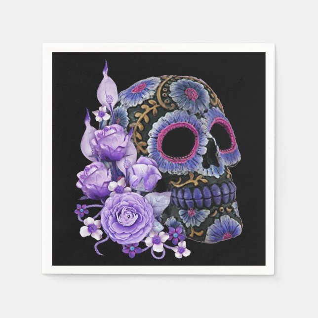 Lila Blommigt Black Sugar Skull Day of the dead Pappersservett (Framsidan)